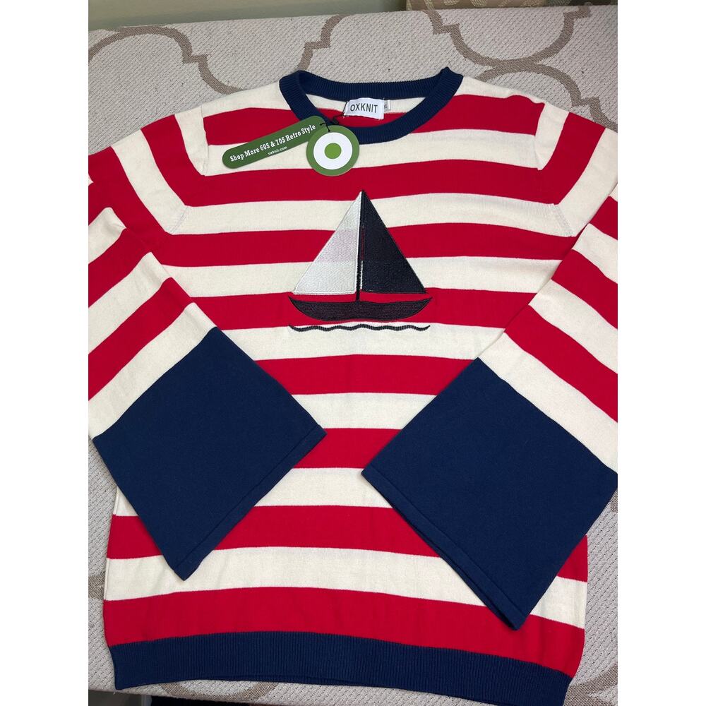 NWT OXKNIT Red White Striped Sweater Sailboat Navy Bell Cuff Knit Crewneck XL - Picture 10 of 10